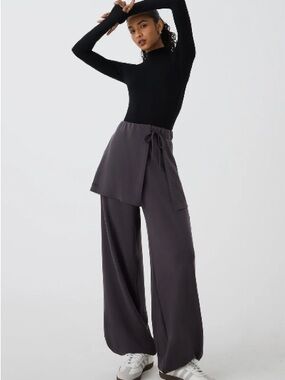 Wrap-Overlay Wide Leg Pants in Charcoal Gray
